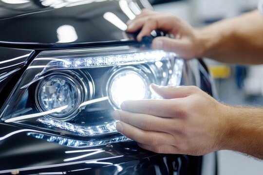 Close up of mechanic's hands installing led headlights on a new car in a professional workshop