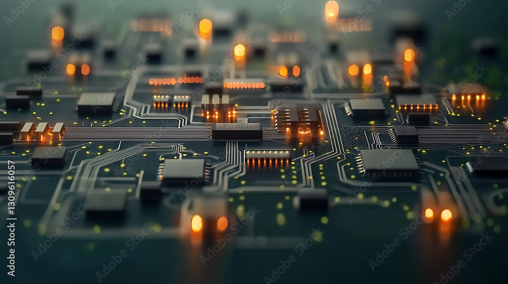 Poster close-up view of a detailed circuit board with glowing components and intricate pathways