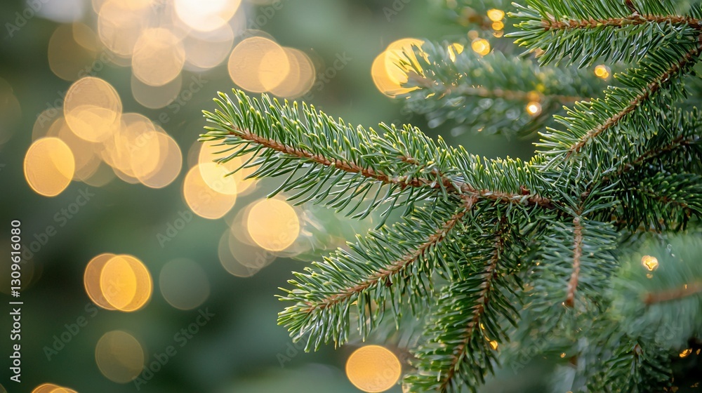 Poster close-up of pine branch with bokeh lights.