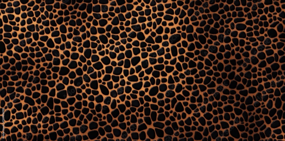 Poster a textured pattern resembling leopard spots, featuring a mix of browns and blacks, creating an eye-c