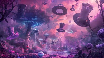 Surreal Wonderland: A Dreamlike Landscape of Floating Hats and Purple Flora