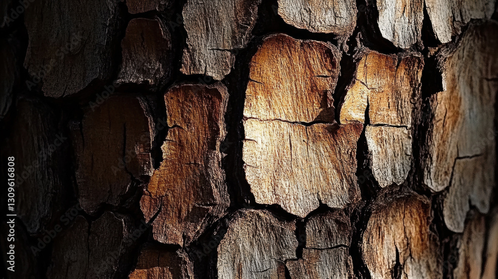Poster a close-up view of textured tree bark displaying varied tones and deep grooves, highlighting the nat