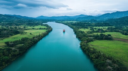 A serene river meanders through lush green landscapes, framed by mountains under a cloudy sky, showcasing nature's tranquil beauty.