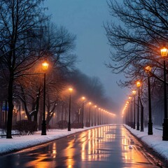 Soft lamplight diffusing through fog on a quiet city street. Generated AI