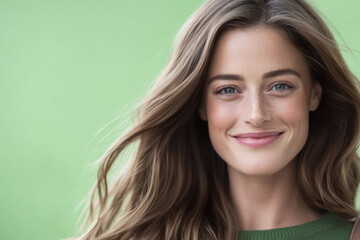 Fototapeta premium Smiling woman with long hair in green background showing joy and confidence outdoors