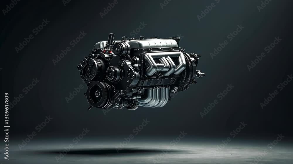Poster powerful automotive engine floating in dark studio setting highlighting mechanical design and innova