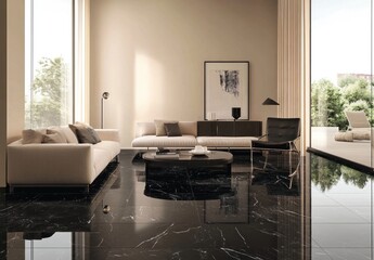 Modern living room with black marble flooring and beige furniture. Large windows offer natural light and a view of the outdoors.
