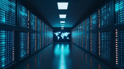 A futuristic data center hallway with illuminated server racks and a digital world map displayed on a wall.