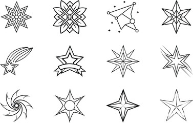 Twelve Diverse Star Designs Geometric, Floral, and Celestial Icons