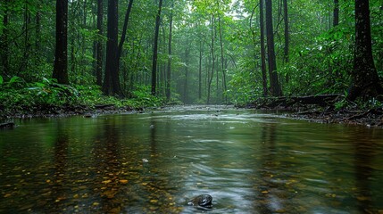 A tranquil river flows through a dense green forest, with mist rising in the humid atmosphere, evoking a sense of peace and connection to nature.