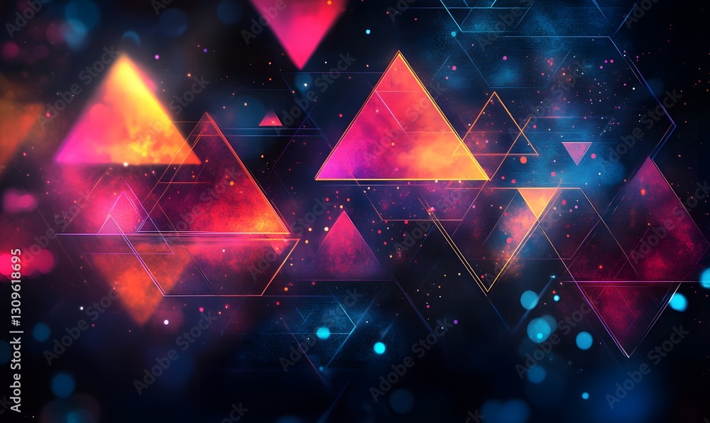 Poster abstract futuristic background with glowing triangles and geometric patterns in space