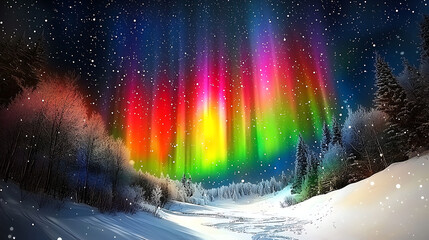 A beautiful, colorful aurora borealis is seen in the sky above a snowy landscape