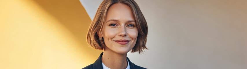 Confident young woman smiles against vibrant backdrop in modern urban setting