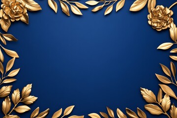 Golden Floral Frame on Blue - Elegant gold floral border on a deep blue background, perfect for invitations, announcements, or luxury branding