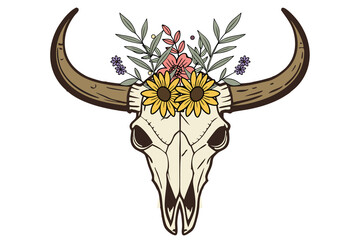 Naklejka premium Boho Buffalo Skull with Floral and Tribal Decor – Western Aesthetic line art design isolated on white background.