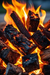 flames are burning in a fire pit with wood and logs