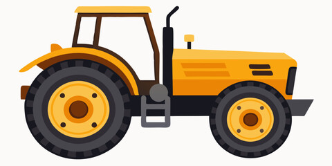 A vibrant yellow farm tractor with large tires is shown in a side profile view against a white background illustration