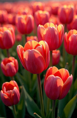 Fototapeta premium 3D tulips, pattern of red tulips, place for text, flowers background