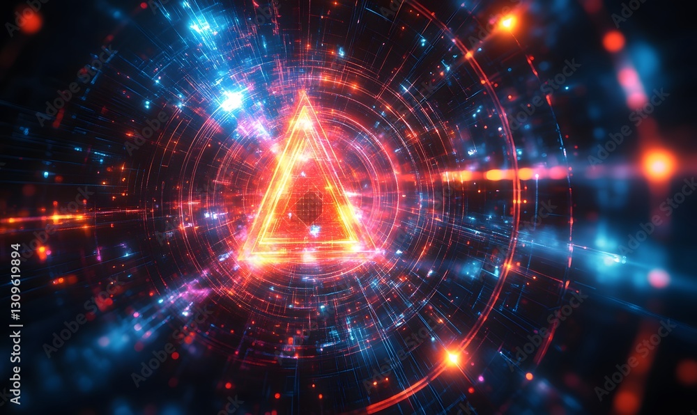Poster abstract glowing triangle portal with digital grid and particle stream