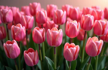 Obraz premium 3D tulips, pattern of red tulips, place for text, flowers background
