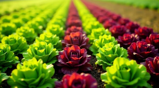 Rows of vibrant green and deep red ornamental cabbages flourishing in a meticulously cultivated garden, bathed in sunlight