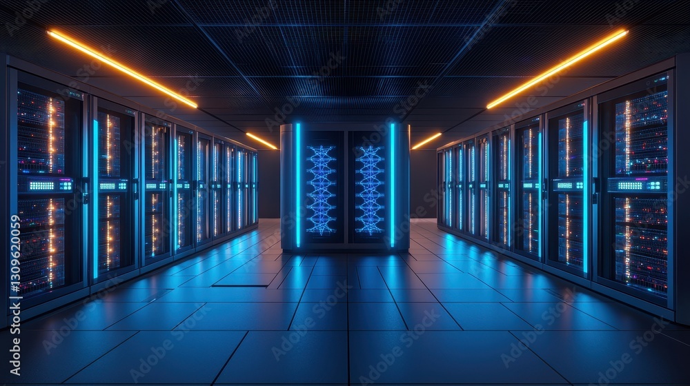 Poster data center operations high-tech facility digital infrastructure modern environment futuristic viewp