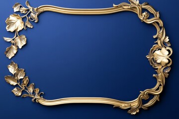Elegant Gold Frame on Blue Background - Ornate gold frame with leaf details against a deep blue backdrop, perfect for elegant designs and announcements