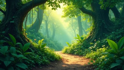 Obraz premium Sunlit Path Through a Lush, Verdant, Mystical Forest, With Ancient Trees and Vibrant Undergrowth