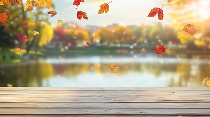 A beautiful autumn scene with a lake and a wooden deck