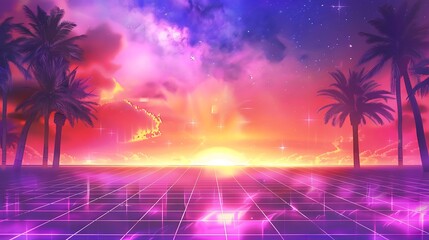 Naklejka premium Synthwave Sunset: Retro Paradise
