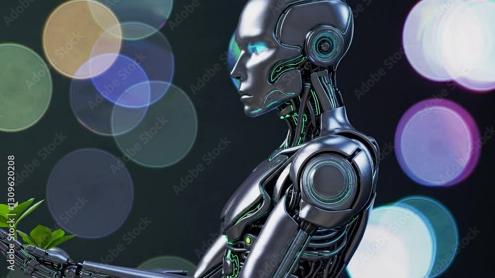 Poster Futuristic robot gently holding a small plant, representing the potential of artificial intelligence to protect and nurture the environment, against a background of soft bokeh lights