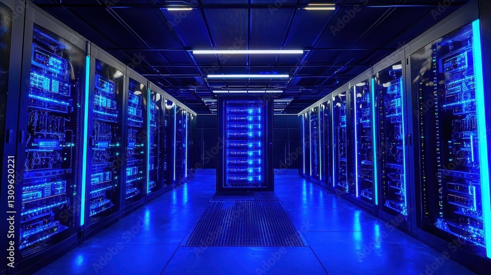 Poster data center operations high-tech facility digital infrastructure server environment futuristic view 