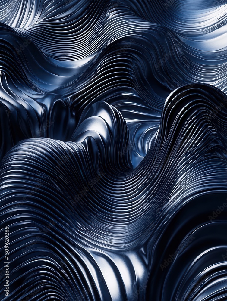 Poster Dynamic 3D background features layered wave like structures in navy and silver tones for political discourse design Generative AI