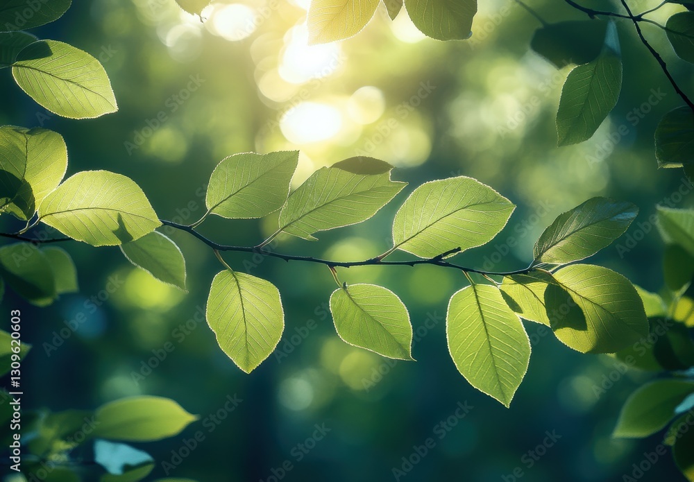 Poster sunlit green leaves on a branch against a soft blurred background of foliage in an enchanting forest