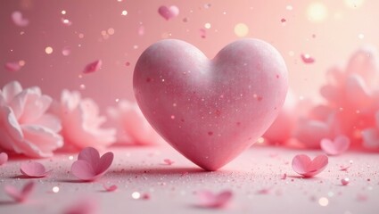 A Delicate Pink Heart Amidst Falling Petals and Shimmering Lights, Representing Love and Affection
