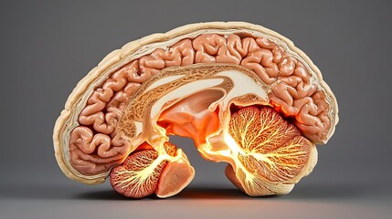 Detailed 3D cross section of the human brain showcasing the intricate neural activity and inner structures of this complex organ