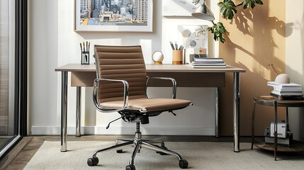 A brown office chair sits in front of a desk with a framed picture of a city sky