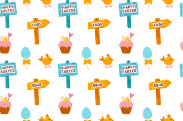 A seamless Easter pattern featuring holiday signposts, festive cakes, decorated eggs, and cute chicks on a white background. Perfect for seasonal crafts, textiles, and wrapping paper.