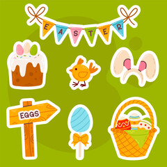 A bright Easter sticker set with a festive basket, decorated egg, cute chick, holiday cake, and directional sign on a green background. Perfect for crafts, greeting cards, and decorations.