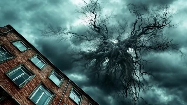 Menacing Tree Colossus Over City Building: A Dark Fantasy Artwork