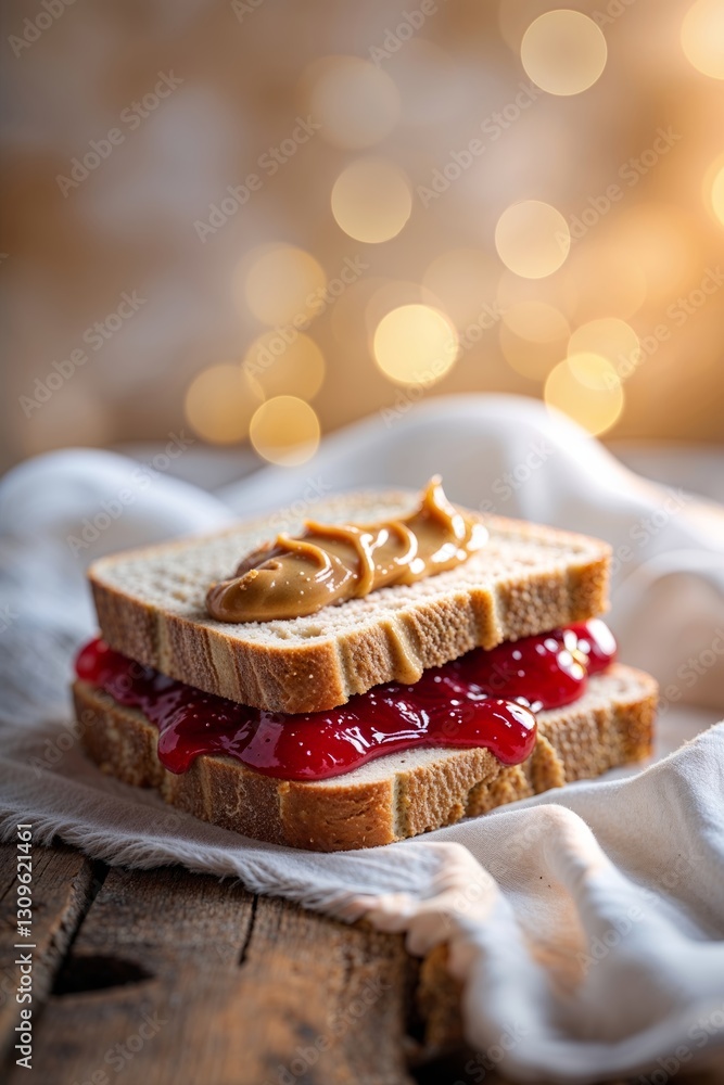 Poster peanut butter and jelly sandwich on rustic wooden table with soft bokeh light background creating a 