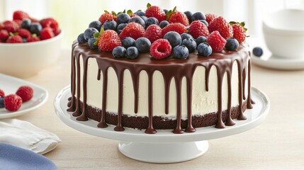 Decadent Chocolate Cake with Berries on a Light Table Setting