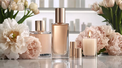 Elegant skincare bottles with gold caps surrounded by soft pink flowers and lit candle