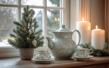 Cozy winter window scene with teapot, teacups, candles, and miniature Christmas tree.