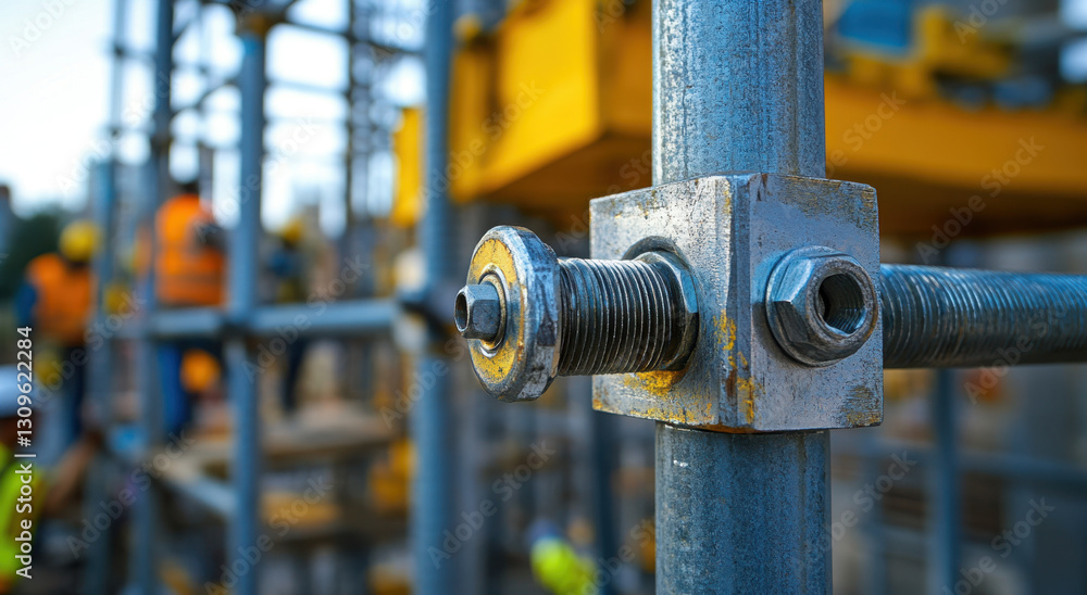 Aufkleber nuts and bolts tightly fastened on scaffolding support structures with workers actively constructing