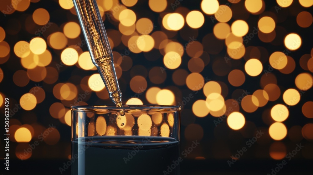 Poster droplet from pipette falling into glass with soft bokeh background