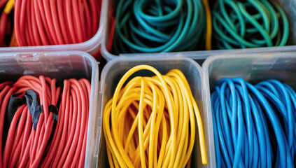 Close-up view of various colored cables neatly arranged in transparent storage bins, showcasing organization and accessibility