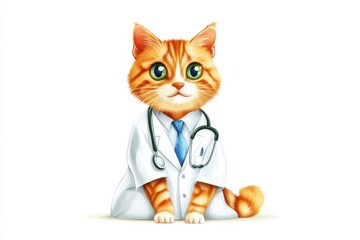 Cartoon illustration of a veterinarian cat in professional attire on a white background