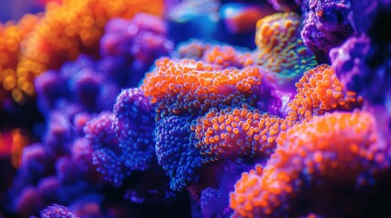 Obraz premium Breathtaking coral reef scene centered around vivid blue and purple coral, surrounded by vibrant orange and yellow varieties. Colors dance across the composition with blues anchoring both sides
