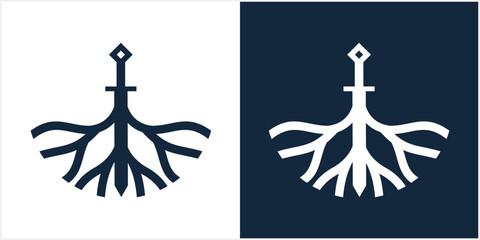 swords and root logo design icon vector